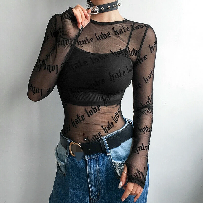 Sexy Gothic Punk Women Mesh Lace T-Shirts See-through Perspective Letter Print Long Sleeve Stretch Tops