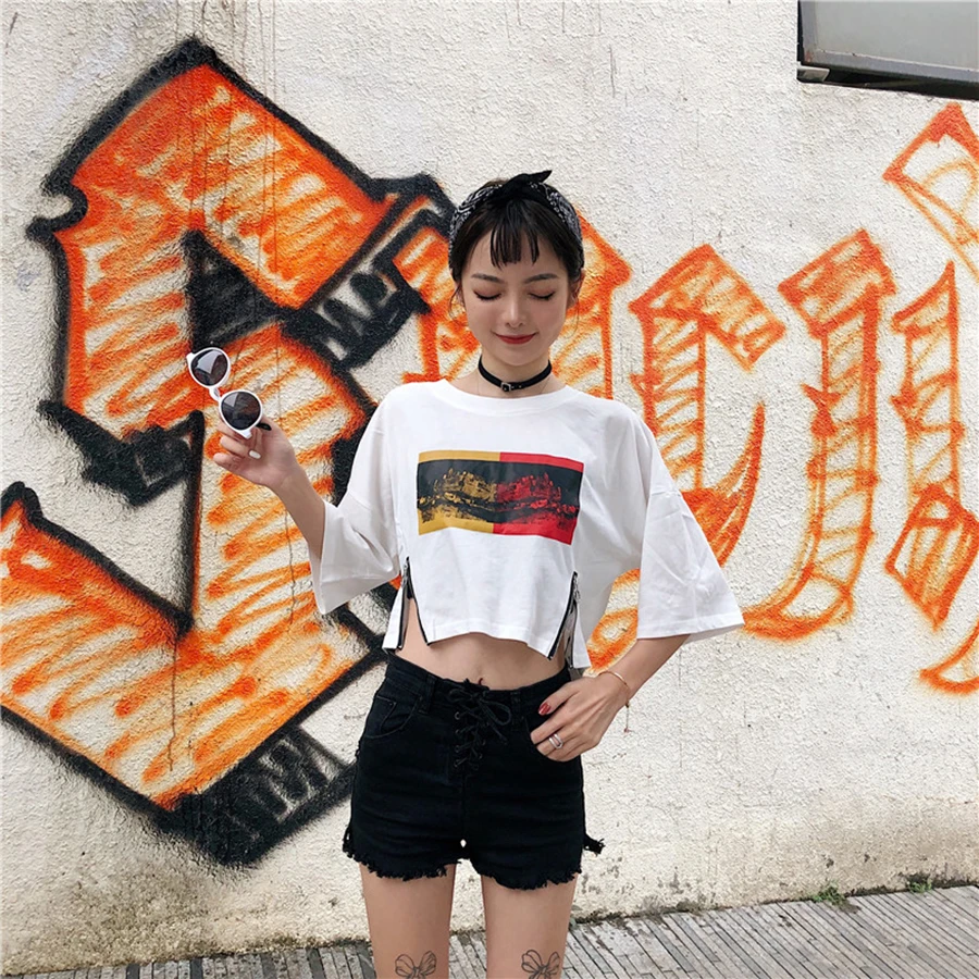 AULEAD Harajuku Повседневная футболка женский летний топ укороченная уличная одежда