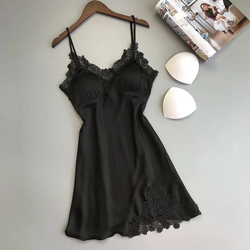 ZOOLIM Женская шелковая ночная сорочка ночная рубашка с бретельками ночная рубашка с подушечками на груди атласная пижама ночные рубашки - Цвет: Черный