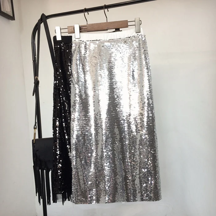 

2018 New Fashion Spring Summer Women's Slim Hip Long Skirt Lady Girls Bling Bling Sequined Skirt