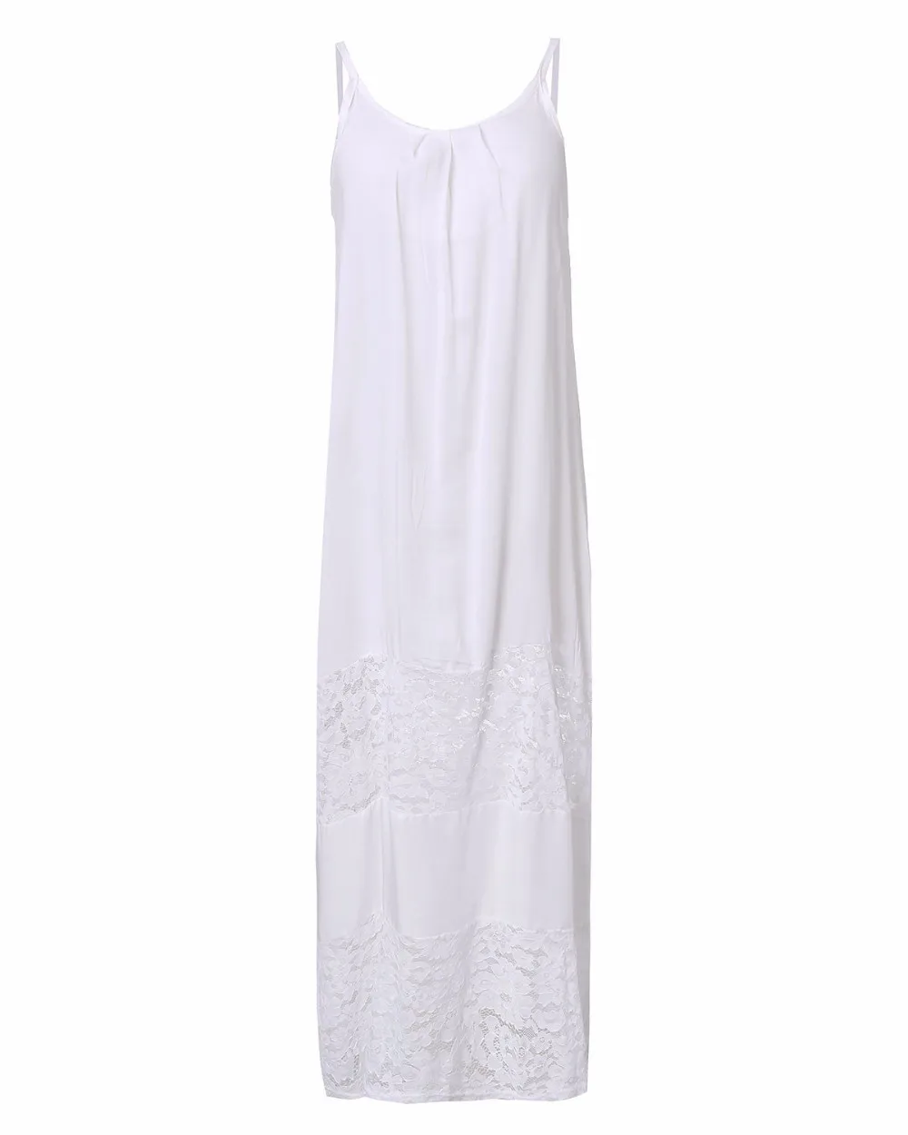 Летний Европейский стиль Zanzea женское повседневное свободное одноцветное лоскутное кружевное пляжное платье сексуальное длинное белое платье макси на бретелях Vestidos