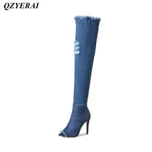QZYERAI Summer ladies fish mouth denim knees boots European sexy womens shoes womens boots