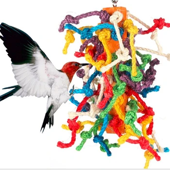 

Bird Parrot Toy with Bell Natural Wooden Grass Chewing Bite Hanging Cage Swing Climb Chew Toys