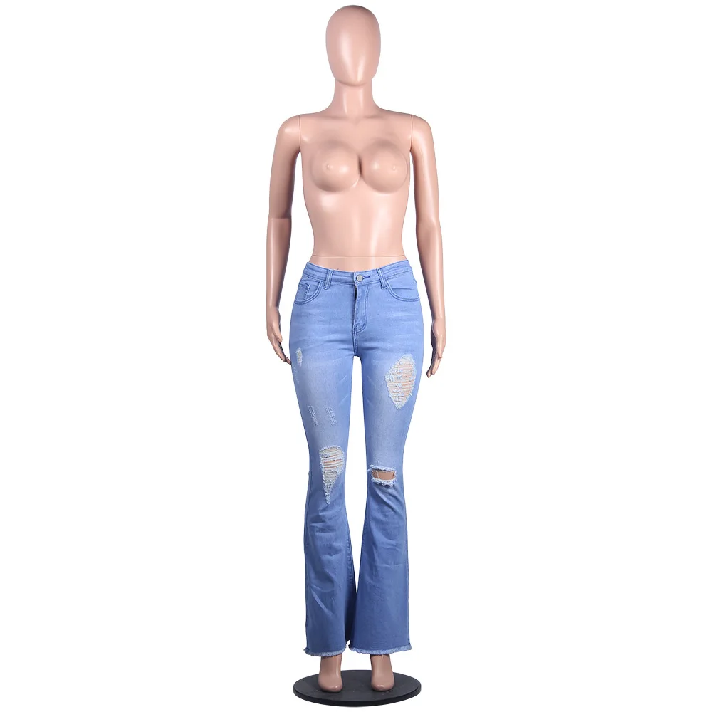 Высокие эластичные повседневные джинсы для женщин, модные синие джинсовые брюки с высокой талией, сексуальные женские брюки с дырками