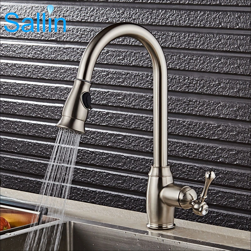 

Unique Brushed Nickel Kitchen Faucet Cold and Hot Pull Out Kitchen Faucet Mixer Spray Head Kitchen Tap 360 Swivel Kitchen Tap