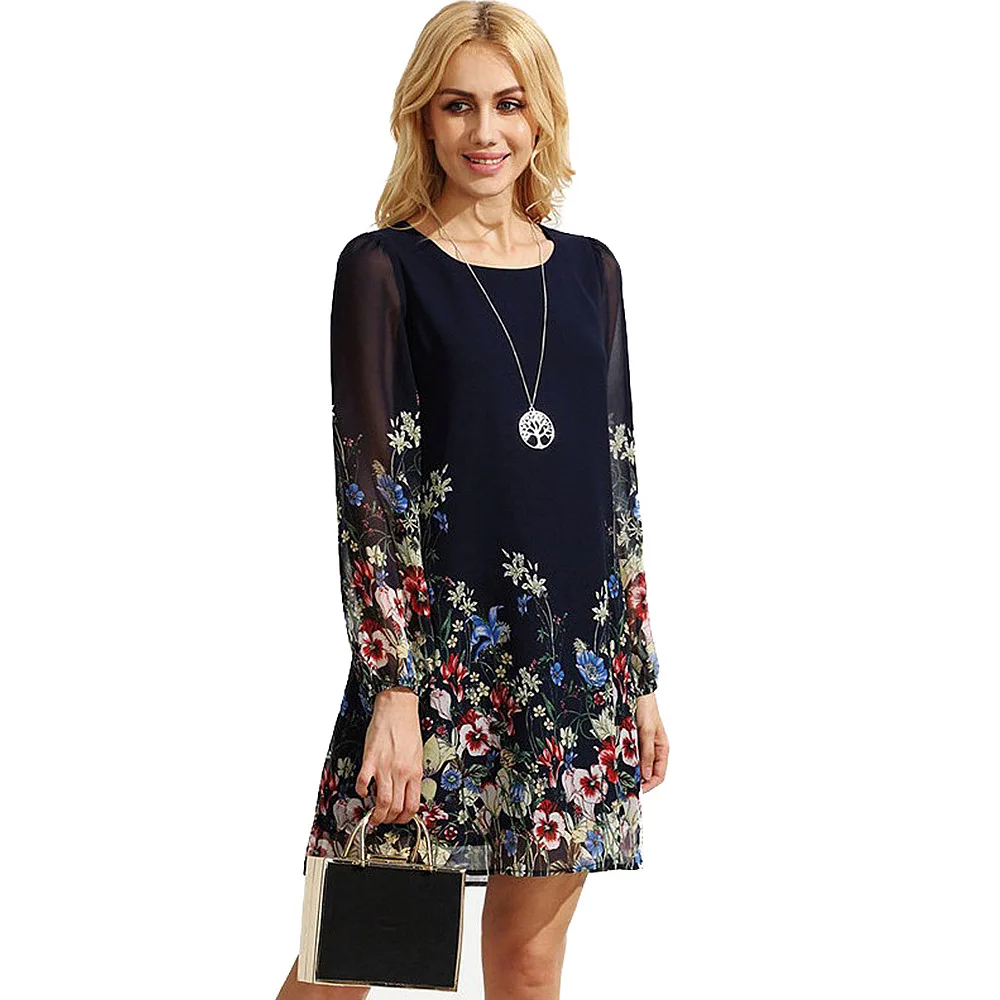 

Women 2018 Summer Long Lantern Sleeve Floral Print Chiffon Dress Casual Style Beach Elegant Ladies Dresses See Through Vestidos