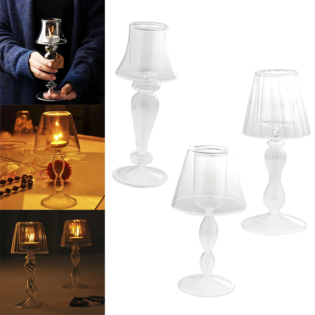 Vintage Candlestick Table Lamp Shape Glass Candelabra Tea Light Holder Clear Candle Holder for Home Decor Wedding Centerpiece