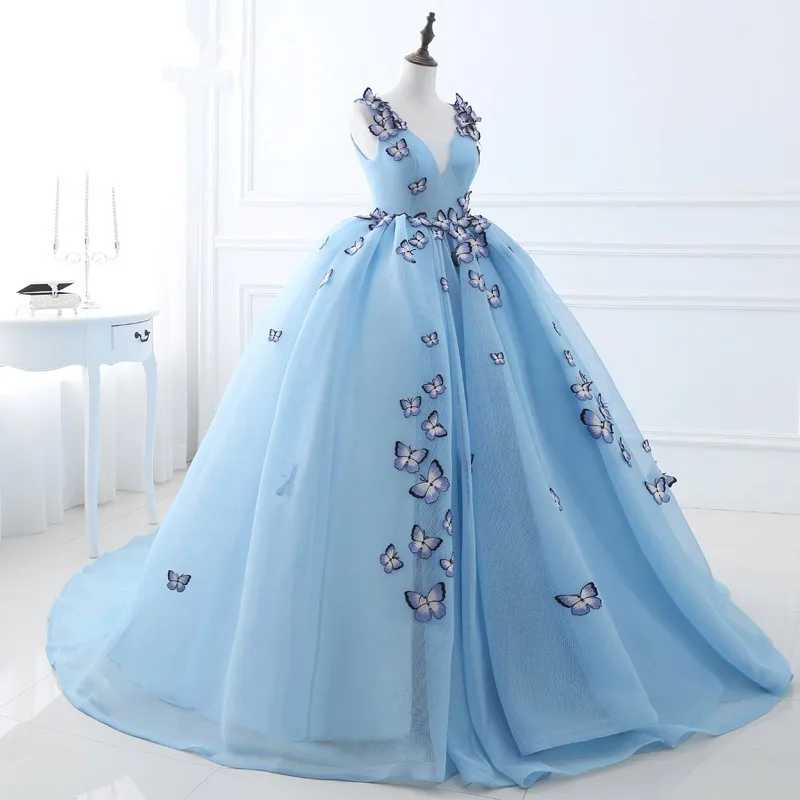 100% реальное изображение Quinceanera платье светло-Голубое Бальное платье выпускное платье без рукавов v-образный вырез хлопок Тюль с бабочкой