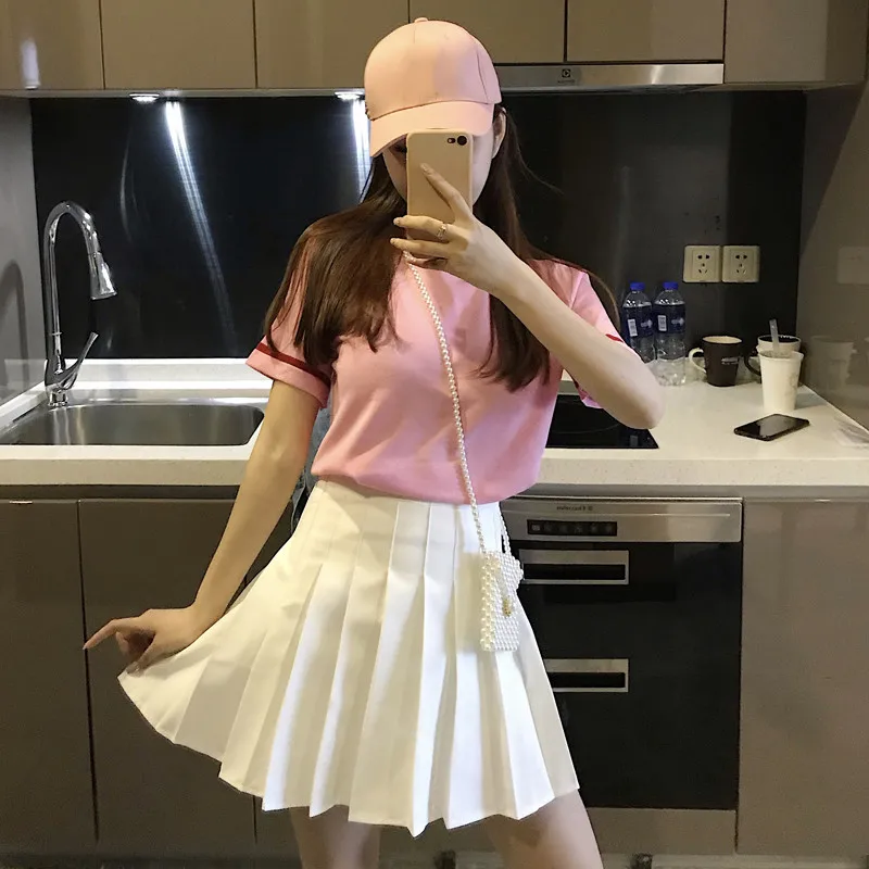 

Women Fashion 2 Pieces Tennis Outfit Dress Sets Pink T Shirts&Pleated White Skirt Sets Casual Short Sleeve Tees&Mini Skirt Suits