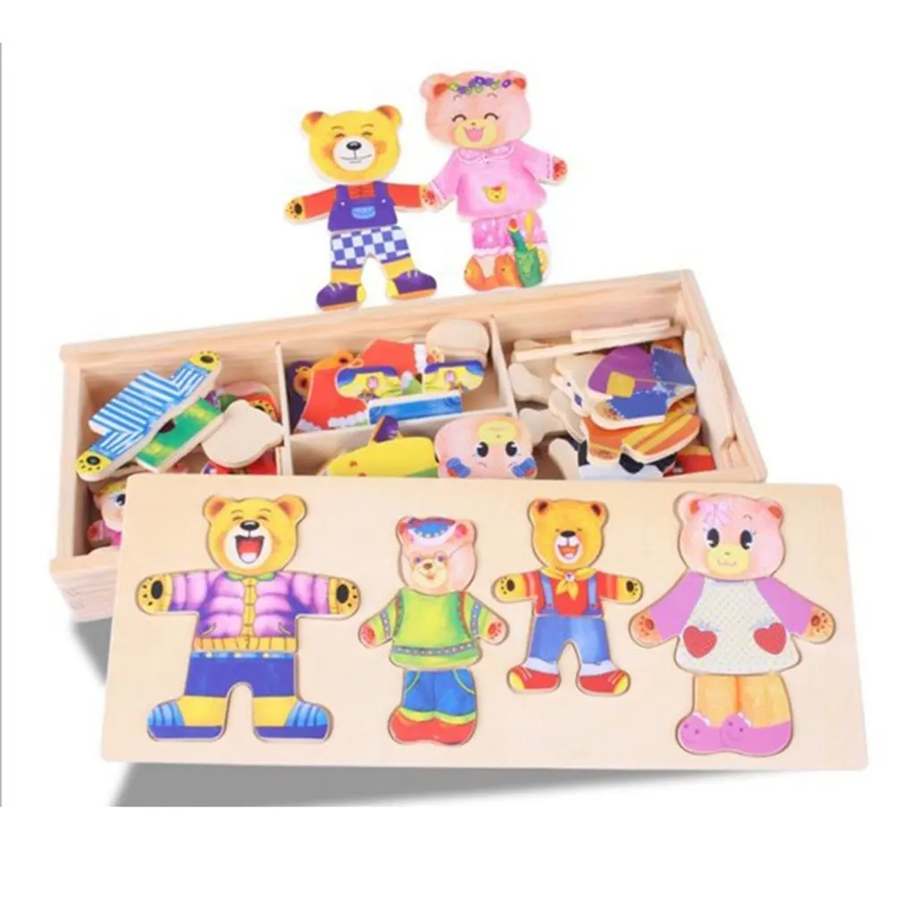 Развивающие строительные блоки, детский медвежонок, сменная одежда, Игрушки для раннего ребенка, деревянный пазл, строительные блоки, развивающие игрушки