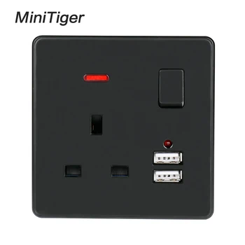 

Minitiger Black Wall Power Socket 13A UK Standard Switched Outlet 2.1A Dual USB Fast Charger Port LED indicator