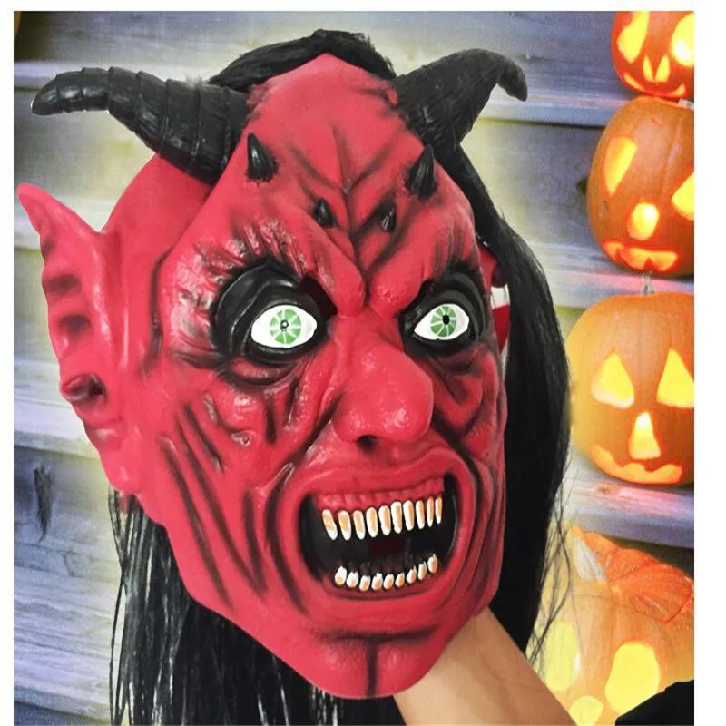 

Free shipping Devil Inferno Satan Mask Horror Halloween Novelty Red Face Adult Size Party Head Long Hair Mask For Women Men 30ps