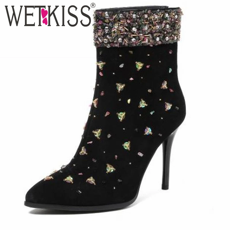 WETKISS Genuine Leather Rhinestone Luxurious Women Boots High Heels High Quality Fall Winter Women Boots Pointed Toe Shoes Woman