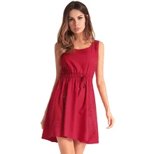 

SanHuaZ 2018 Spring Summer Women Beach Dresses Solid O-neck Sleeveless High Waist Hollow Out Sexy A-line Women's Mini Dress