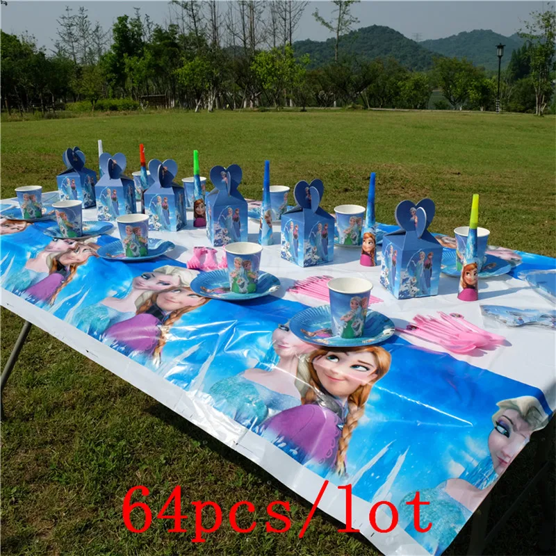 

Disney Cartoon Frozen 64Pcs/Lot Disposable Tableware Sets Family Party Celebration Kids Birthday Party Decoration Event Supply