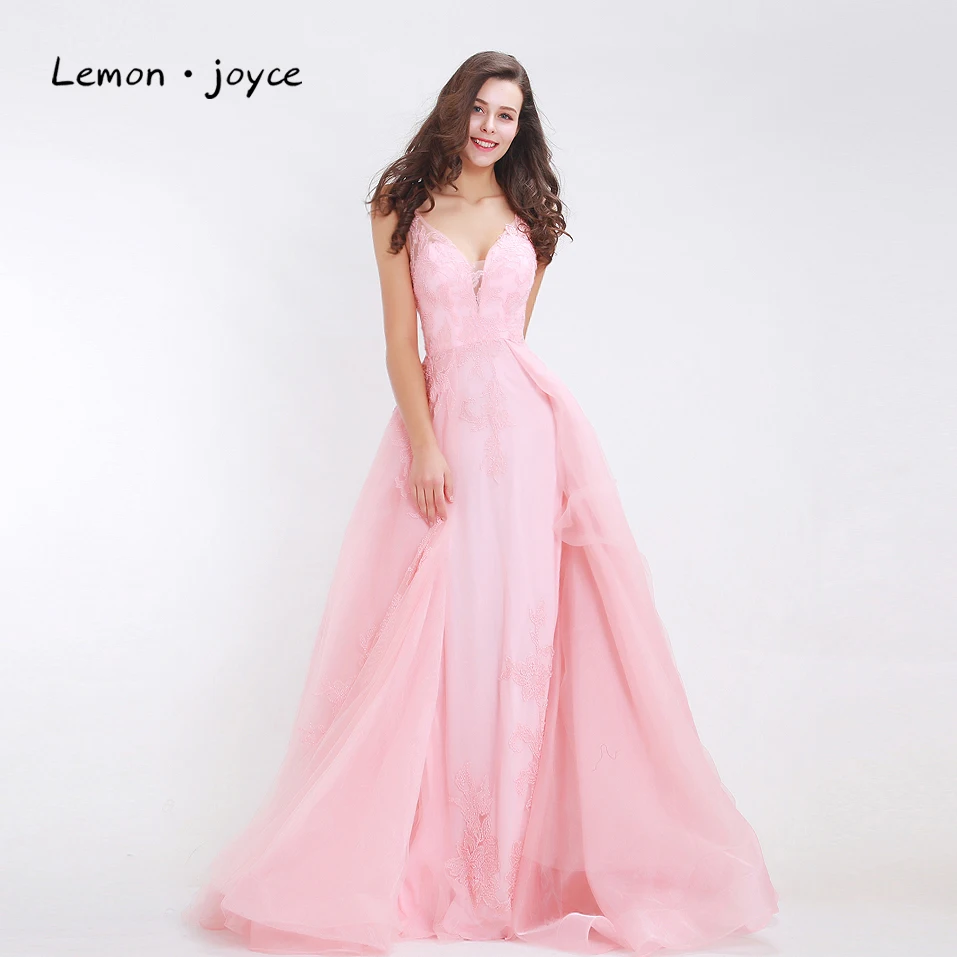 

Fantasy Pink Evening Dresses 2019 Deep V-Neck Backless Appliques Tulle Floor Length Maxi Long Formal Dresses Party Gowns Plus