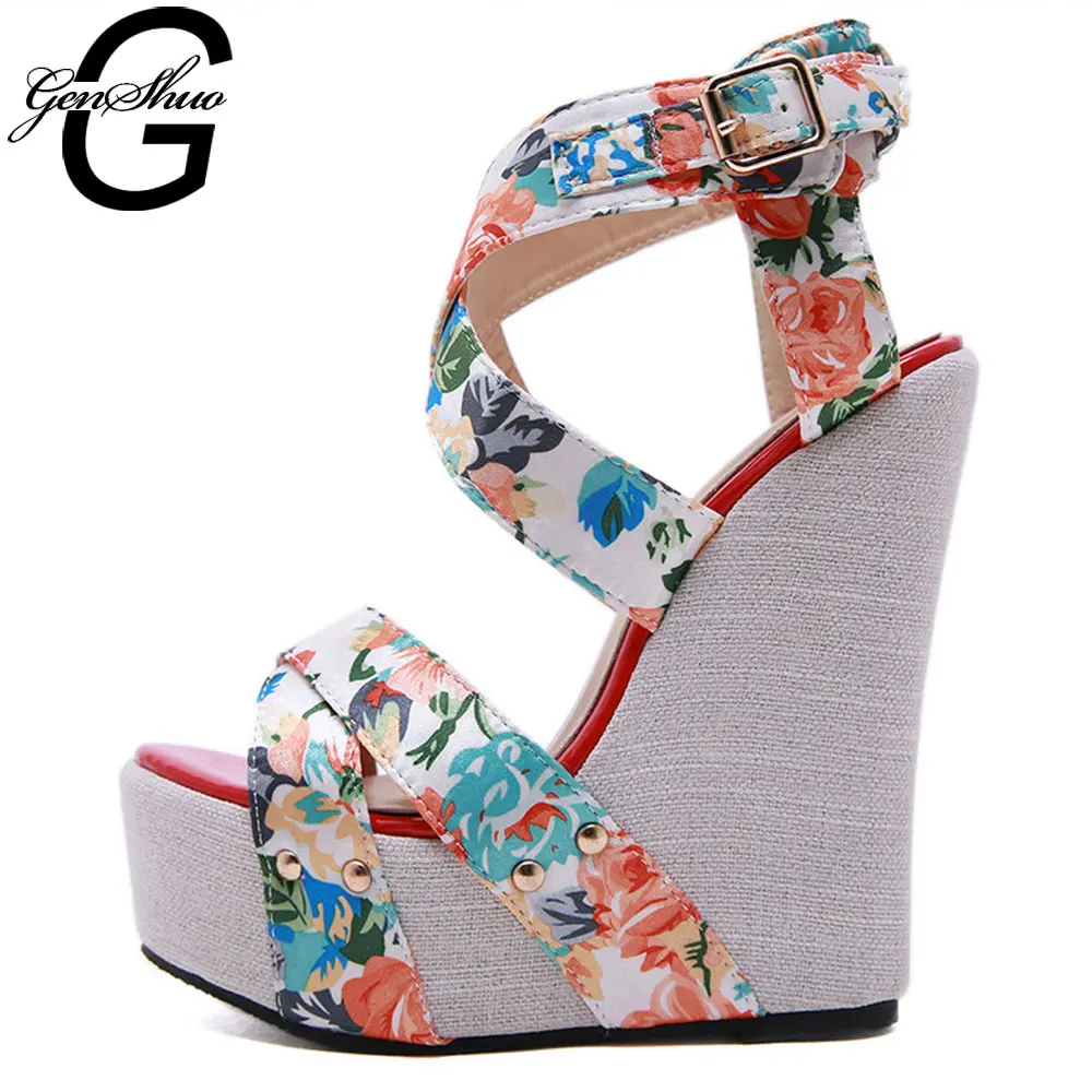 

GENSHUO Summer Casual Ankle Strap Women Platform Sandals Floral Wedge Espadrilles Women Sandals Open Toe Gladiator Sandals Women
