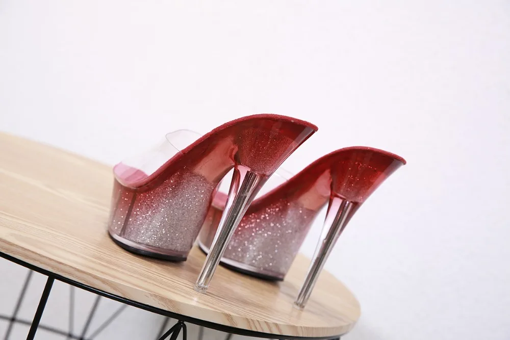 Shoes Women Sexy Super High Heel 15CM Fine with Waterproof Table Slippers Transparent Crystal Shoes Female Wedding Shoes