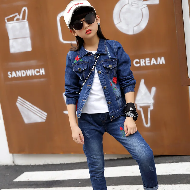 3 4 5 6 7 8 9 10 11 12 Years Denim Girls Clothes Embroidery Long Sleeve Jeans Coat + Pant 2pcs Autumn Children Clothing Set | Детская