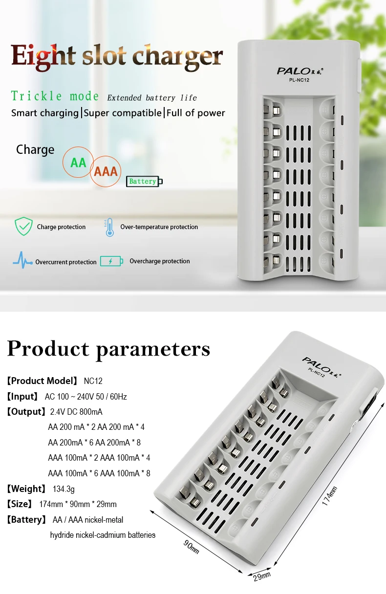 Palo C808W 8 слотов индикаторный светильник, умное зарядное устройство для AA/AAA Ni-MH/Ni-Cd аккумуляторов, зарядное устройство