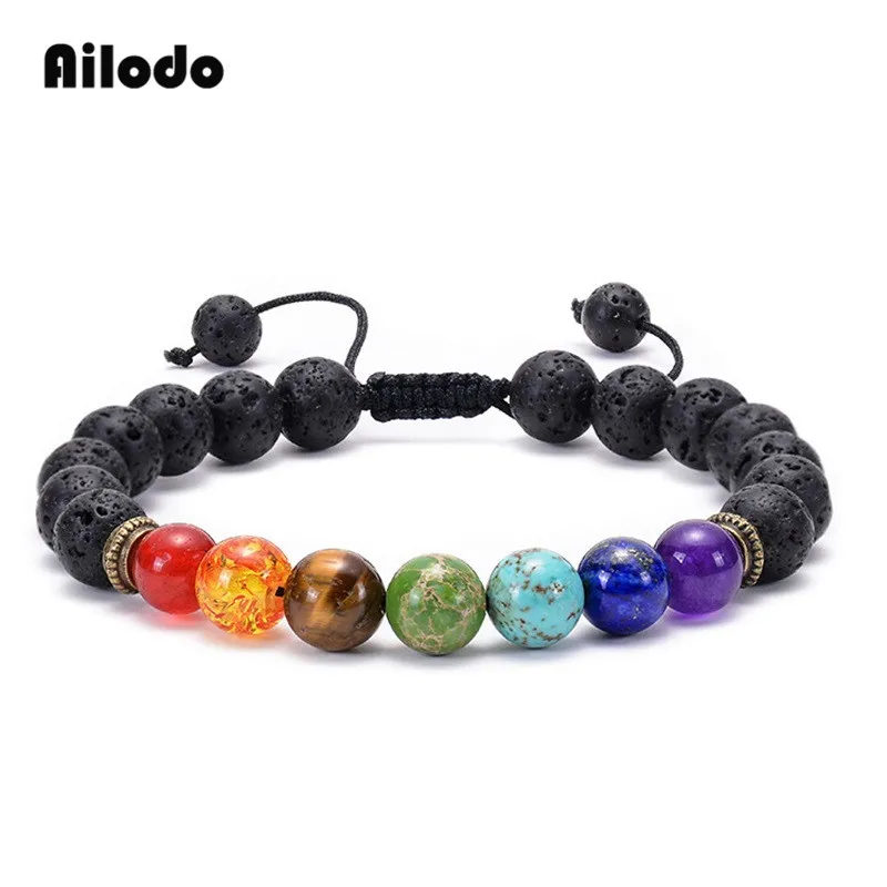 

Ailodo Natural Stone Tiger Eye 7 Chakra Bracelets For Women Men Yoga Balance Beads Buddha Prayer Elastic Couple Bracelets LD187
