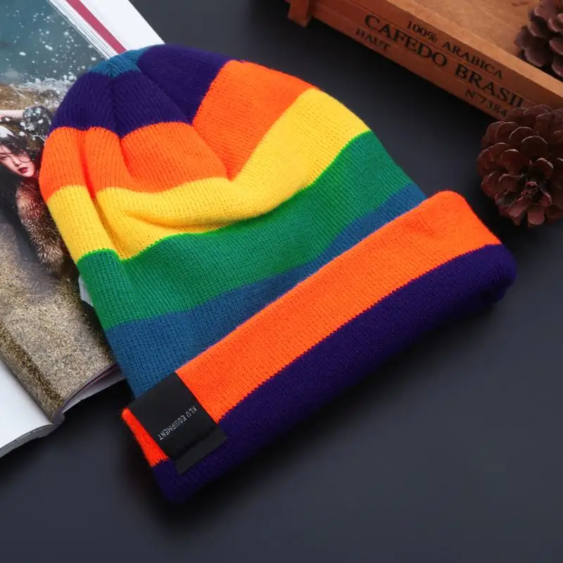 

Rainbow Colors Winter Beanies For Men Women Striped Hat Cotton Knitted Hats Unisex Adults Soft Warm Beanie Gorro Cap 2018