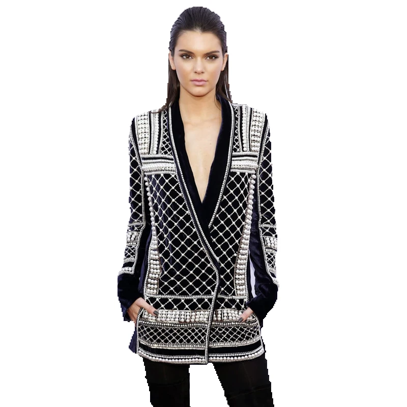 

TOP QUALITY New Stylish Fashion 2019 Runway Jacket Women's Luxurious Manual Hand Beading Pearls Diamond Velvet Heavy Blazer Coat