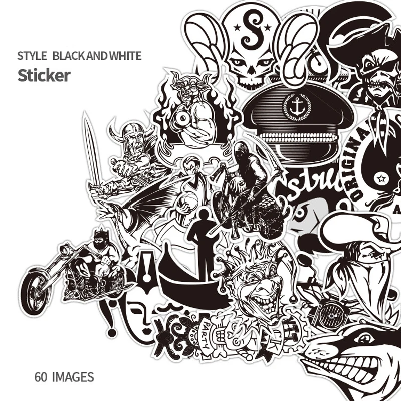 

60pcs Phone Office Laptop Stickers On Laptop Toys for Children Car Trolley Case Trunk Guitar Graffiti Black White Stikers