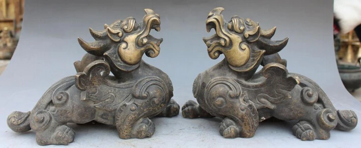 

bi002996 11" Chinese Old Bronze Gilt Phylactery Guardian Beast PiXiu Kylin Chi-lin Pair