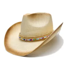 LUCKYLIANJI женская мужская летняя Соломенная пляжная ковбойская Западная пастушка Солнце Fedora Шляпа деревянные бусины кожаный ремешок(один размер 58 см