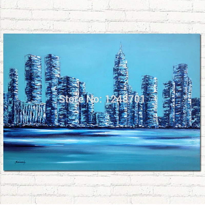

New York city - Crystal city - HUGE oil city scape painting on canvas, turquoise, blue, white HANDMADE ART