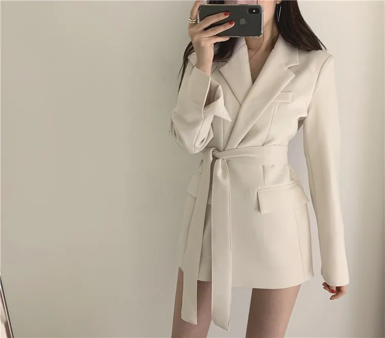 Женское корейское пальто с длинными рукавами осеннее элегантное пальто с отложным воротником Новая Мода Vestidos Verano Casua с поясом