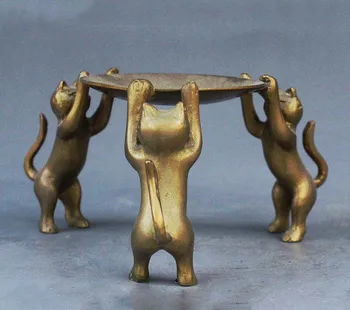 

Chinese Tibet Brass Animal oil lamp Candle Holder Candlestick 3 Cat Statue