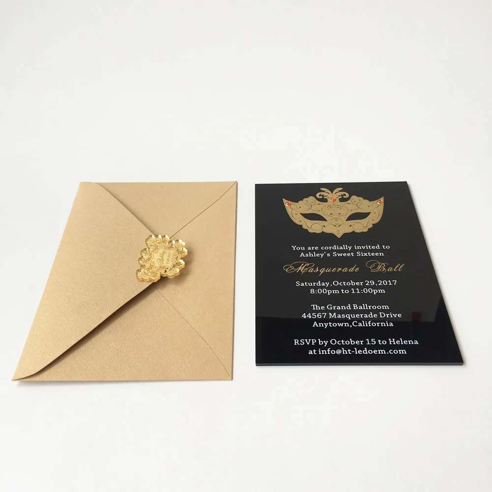  Customized 5x7inch Black Acrylic Birthday Invitation Card Sweet Sixteen Masquerade Ball Invitation  - 32822796118