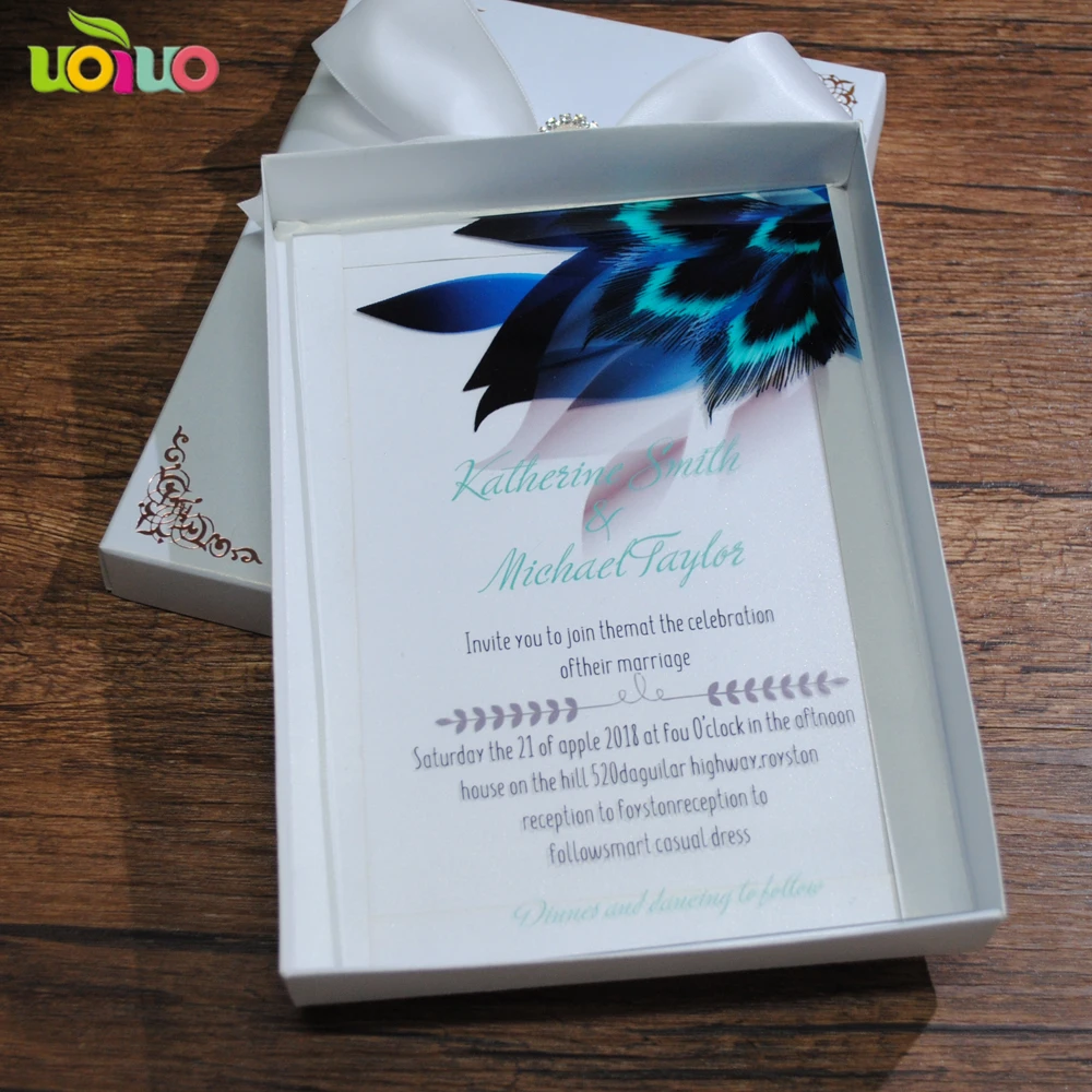 

Elegant hot sell peacock wedding invitation card fancy lace acrylic cards english letter free printing