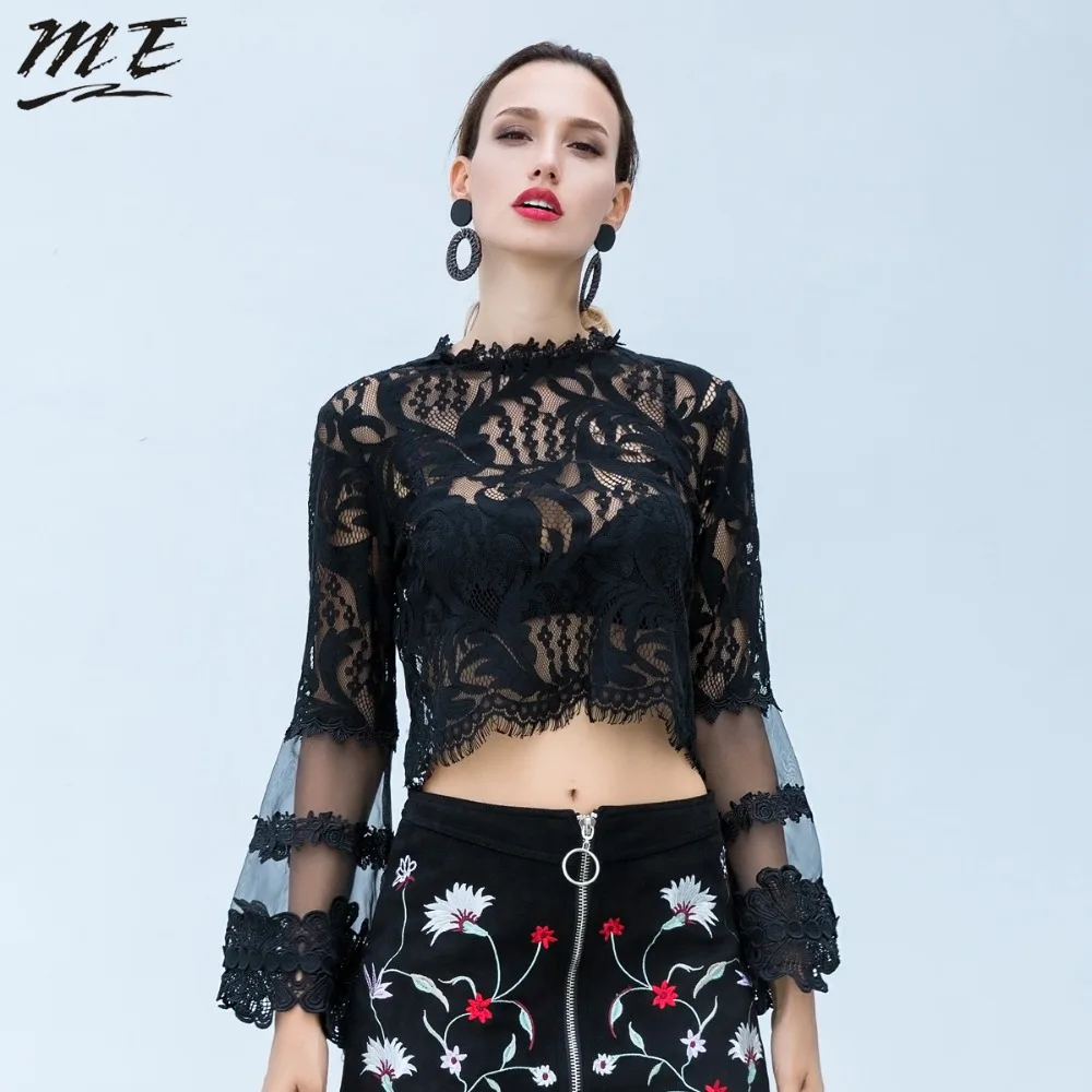 Beste ME Plus Size Vrouwen Lente Blouse 5XL Zwart Kant Oversize lange Mouw O hals doorkijkmodel Sexy Vrouwen Shirts Sexy Grote Vrouwen Tops