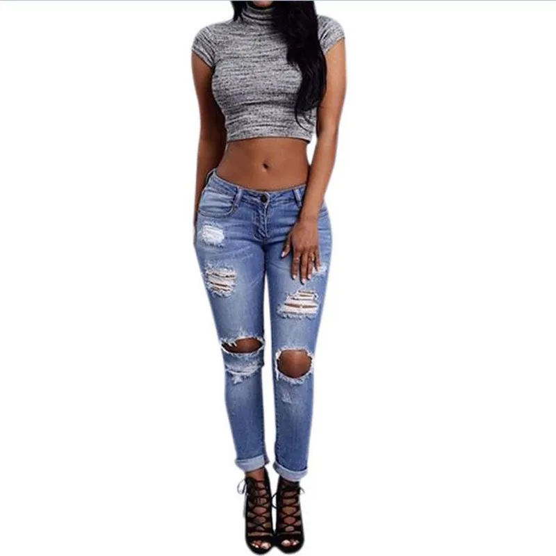 Women Sexy Destroyed Ripped Distressed Slim Denim Pants Boyfriend Jeans Trousers Zipper Button Pocket High Waist