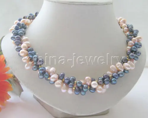 

FREE SHIPPING>>>@@ > 18" 3row 8-11mm pink - black freshwater pearl necklace - GP claspNoble style Natural Fine jewe fast SHIPPIN