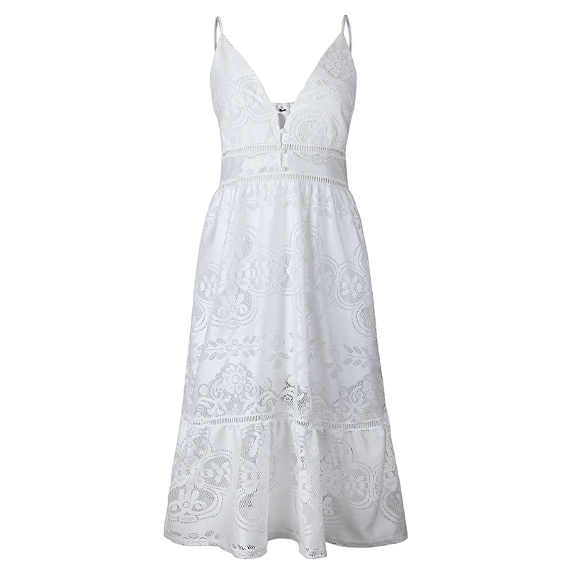 BONGOR LUSS Sexy Deep V-Neck Lace Hollow Out Backless Sleeveless Dress Women Summer Solid Color Dress Boho Beach Dress (2)