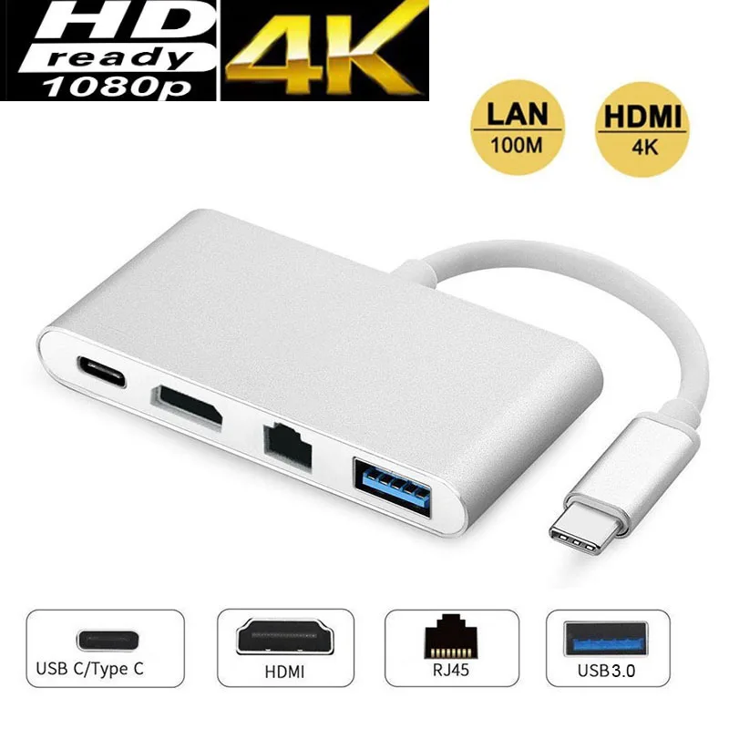 

4K Type C to HDMI Ethernet Adapter Network Card RJ45 Lan USB 3.0 USB-C 4in1 Video Adapter Cable Converter for Macbook to TV