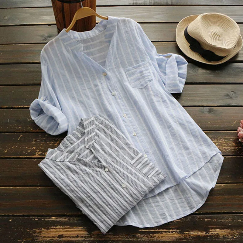 

Blouse Shirt Female Cotton Linen 2018 New Summer Stripe Casual Roll Up Half Sleeve Shirts Loose Women Tops Ladies Clothing