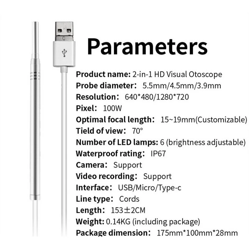 3,9 мм для чистки ушей эндоскоп 4,5 мм 5,5 мм Камера 1,0 мега пикселей ушной вкладыш для Android ПК бороскоп инспекционная Тип usb-C/Micro