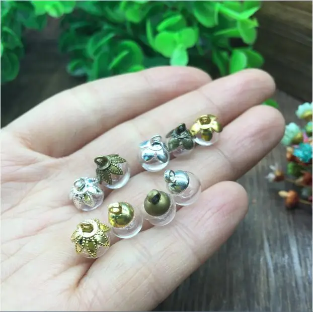 

100sets 8mm ball shape glass globes orb with flower beads metal cap 3 colors glass vial pendant jewelry accessories necklace