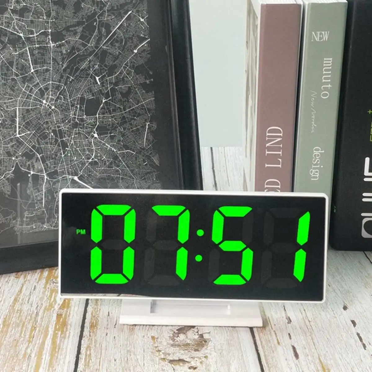 Электронные зеркальные часы светодиодный Будильник цифровые часы USB цифровой 12 H/24 H функция повтора термометр настольные часы - Цвет: white green letter