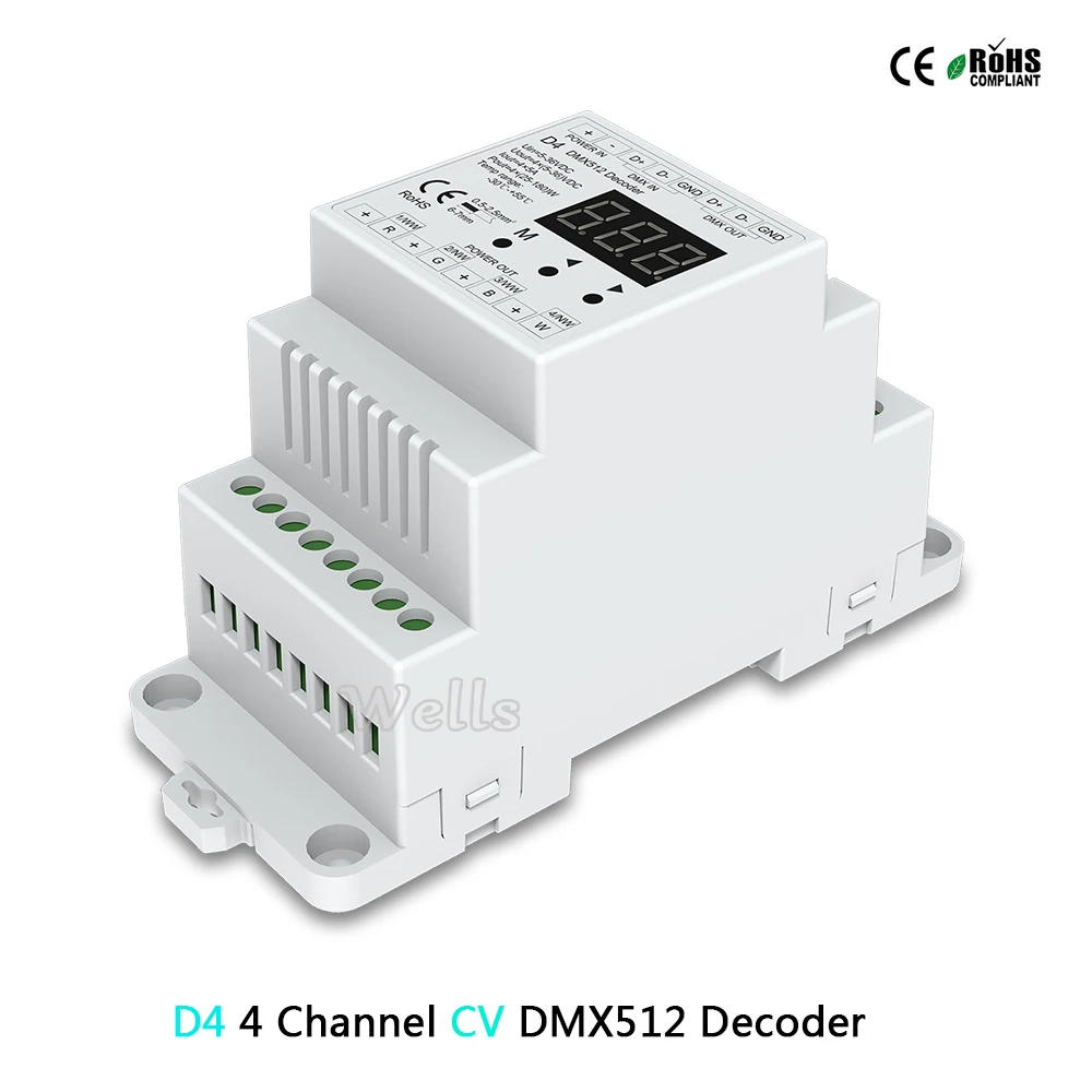 

D4C 4 Channel CC DMX512 Decoder; 4CH 150-1800mA setting dmx address Track Type;D4(CV )/DL( 0-10V) 4CH DMX512 decoder