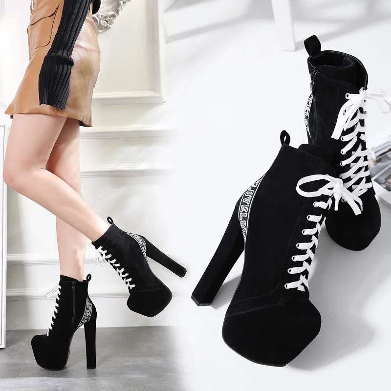 Mode Daim Cm Peluche Talons forme Dame De Plate Chaussures Bottes 16 Up Martins Femmes En Haute 2019 Printemps Femelle Dentelle Noir Qualité wqzPEHZ