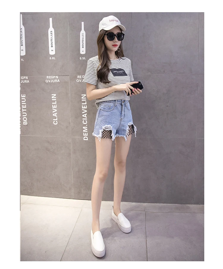 Летние корейские модные фирменные джинсы с сетками, с дырками, джинсовые шорты Ms. Талия, универсальные широкие брюки