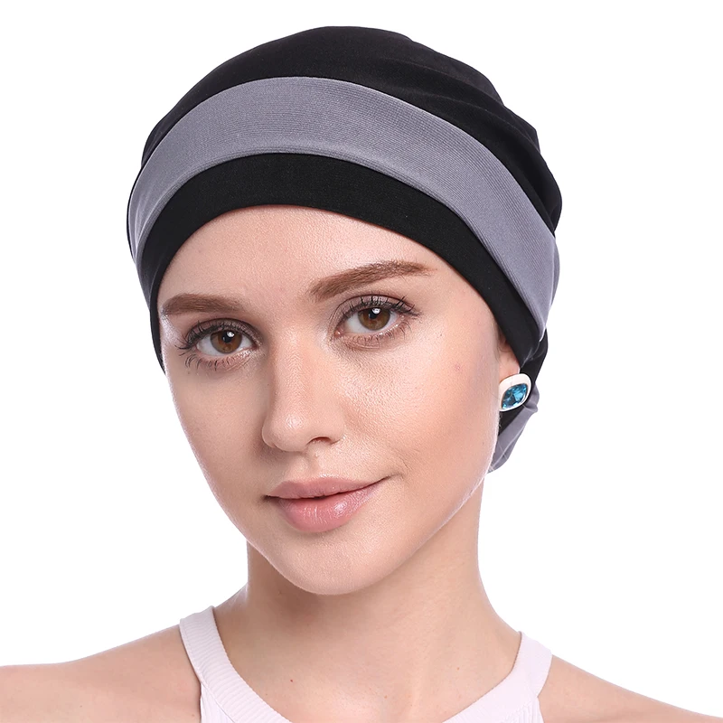 

Babalet Women's Elegant Soft Elastic Block Color Hind Flower Muslim Turban Islamic Head Scarf Chemo Cancer Beanie Hair Loss Cap