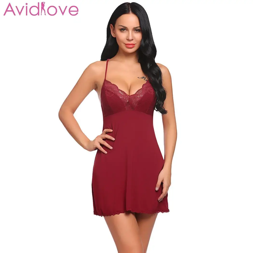 Avidlove Women Night Dress Nighty Sleepwear Lingerie Sexy Women Babydoll Chemise Lace Patchwork Nightwear with G-String