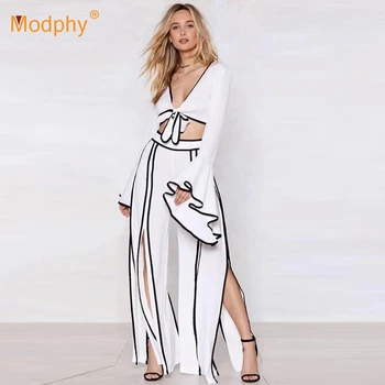 

2019 spring new women's suit sexy white striped bow long-sleeved shirt & high waist casual wide leg pants 2 piece party set